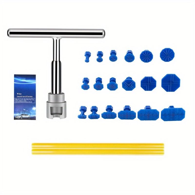 T-Type Puller +18pc Blue Gasket Car Dent Repair Tool Kit – Short T-Puller for Paintless Dent Pulling, Non-Metal Surface Dent Removal, Easy DIY Auto Body Repair