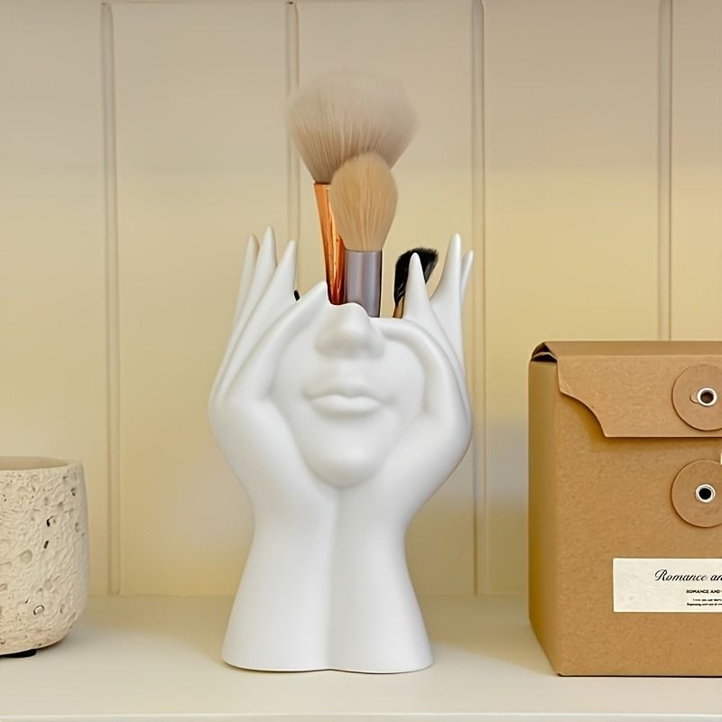 Unique Human Art Sculpture Makeup Brush Holder & Pen Cup – Resin Decorative Organizer, Anti-Drop Design, Lightweight Desk Ornament – Perfect for 11 Festival Gifts