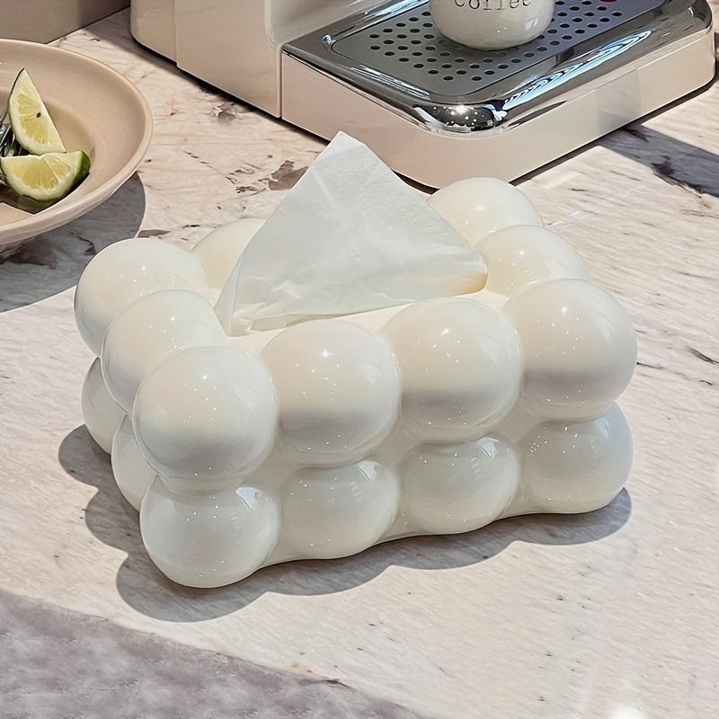 Cloud-Shaped Glossy Tissue Box – Milk White Bubble Design, Square Modern Home Decor for Living Room, Bedroom, Bathroom & Coffee Table – Durable Plastic Napkin Dispenser, Stylish & Functional