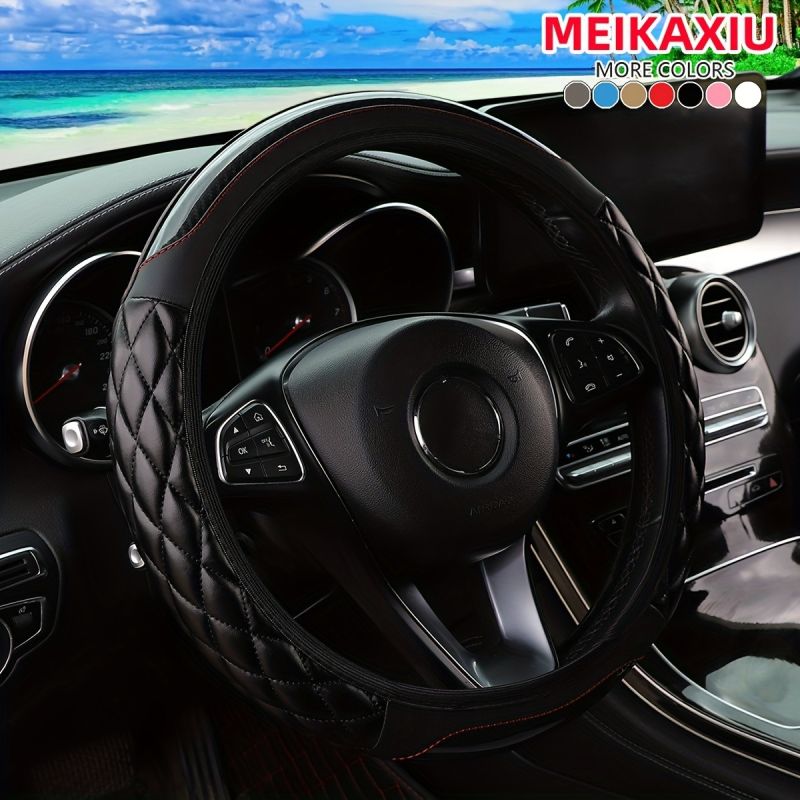 Crystal Carbon Fiber Faux Leather Car Steering Wheel Cover – 15 Inch (36.83–38.1cm), Anti-Slip, Odor-Free, Embroidered Design, Universal Fit Car Interior Accessory