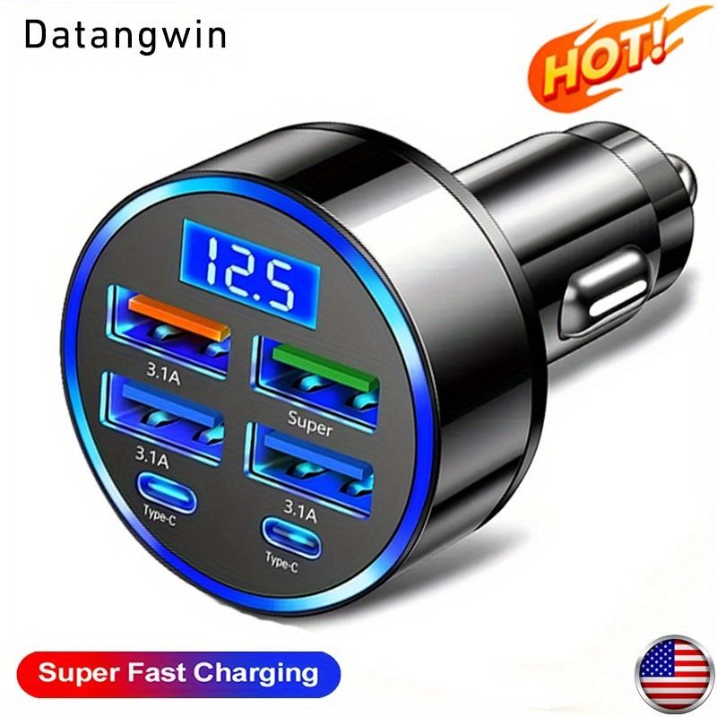 6-in-1 Fast Car Charger USB-C PD & QC3.0, 4 USB Ports, Dual PD Adapter with Voltage Display, Universal Car Phone Charger for iPhone, Samsung, Huawei, Xiaomi – Portable Matte Finish