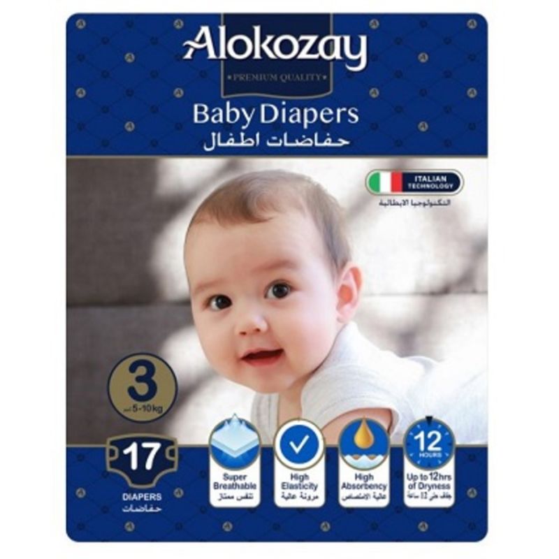 Alokozay Premium Baby Diapers, Size 3, for 5-10 kg Babies, 17 Diapers, Super Breathable, High Elasticity, High Absorbency, Upto 12hrs of Dryness, Wetness Indicator