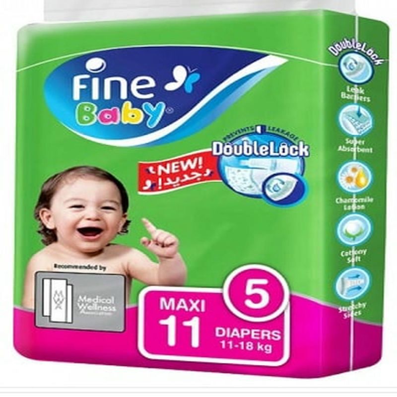 Fine Baby Diapers, Size 5 Maxi, 11 Diapers, for Babies 11-18kg, Double Lock System, Super Absorbent Core, Soft & Stretchy Fit for Comfort and Leak Protection