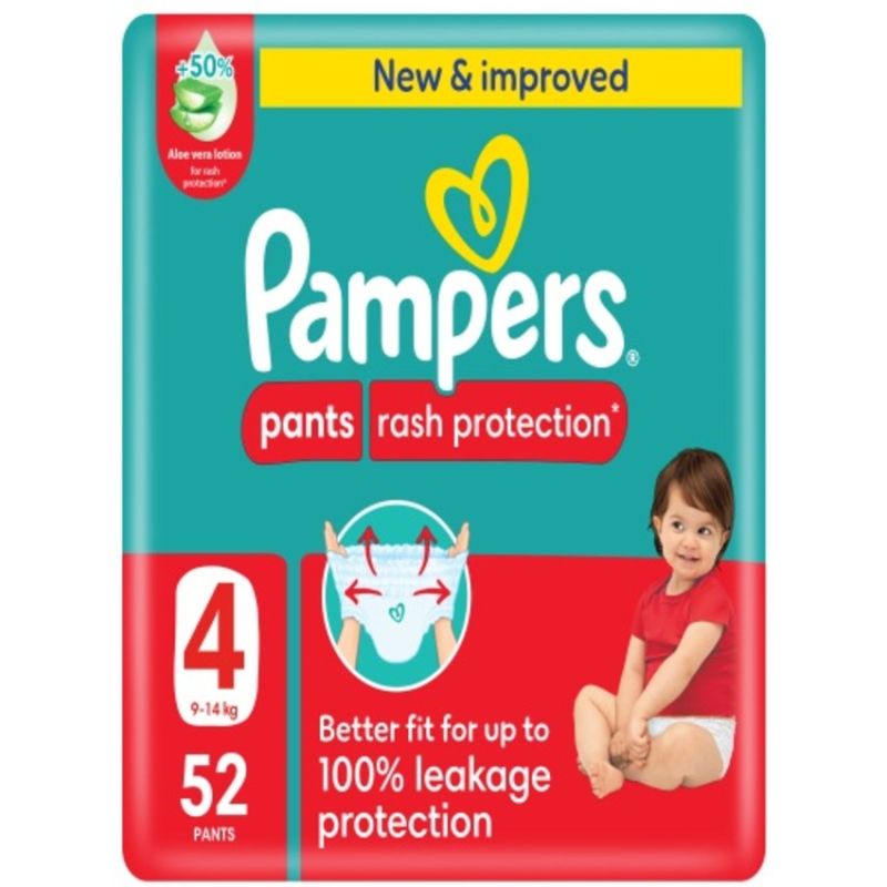 Pampers Rash Protection Pants Diapers, Size 4, 9-14kg 52 pcs Diapers with 100% Leakage Protection and Gentle Skin Care