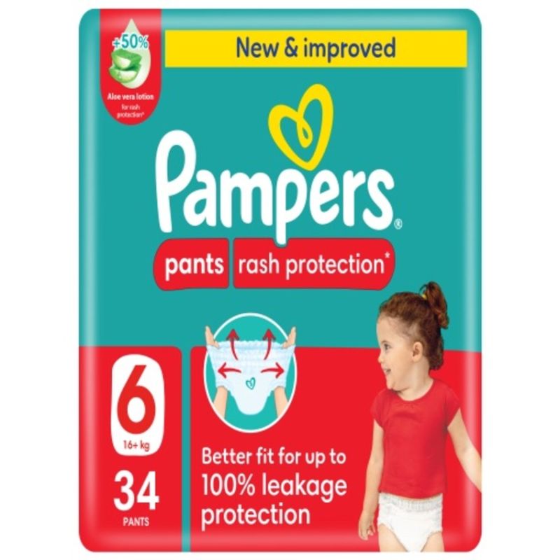 Pampers Rash Protection Pants Diapers, Size 6,16kg+ 34 pcs Diapers with Rash Shield and 100% Leakage Protection for Toddlers and Active Babies