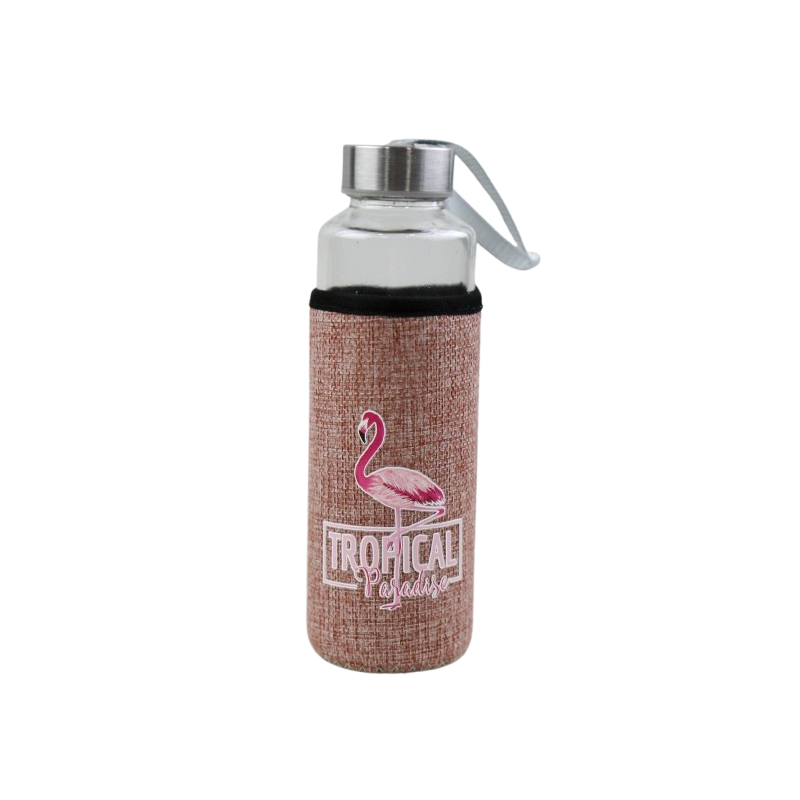 400ml glass water bottle with flamingo tropical paradise design