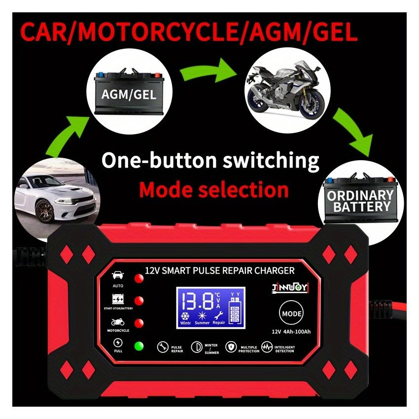 12V 6A Smart Pulse Battery Charger with LCD Display | Auto & Manual Modes, Temperature Compensation, Overcharge Protection | Car & Motorcycle Battery Repair Tool