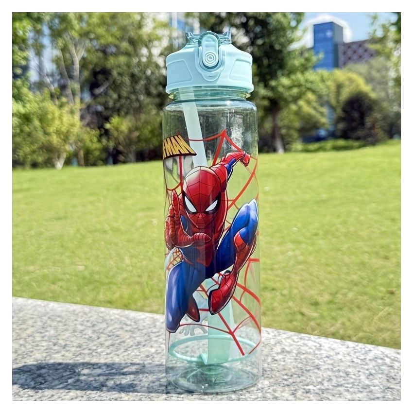 Marvel Spider-Man Sports Water Bottle 800ml – Leakproof Flip-Top with Straw, Transparent Cartoon Design, Portable Large Capacity Bottle for Kids & Adults, Outdoor Fitness Travel Gift
