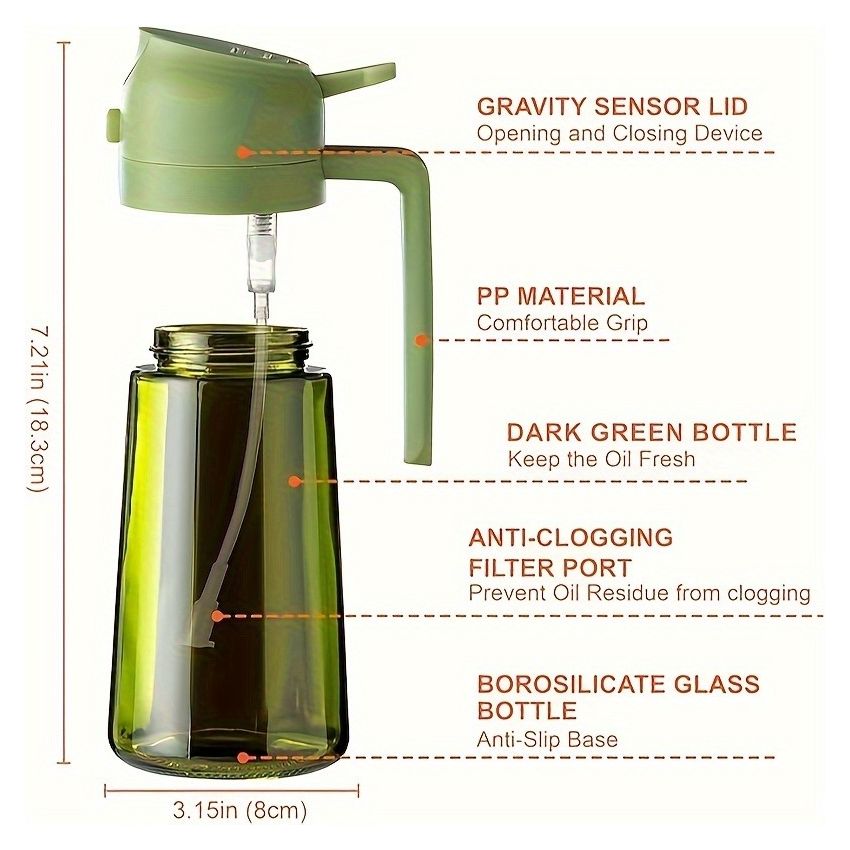 Dark Green Glass Olive Oil Sprayer Bottle 16oz (470ML) – 2-in-1 Oil Dispenser & Mister, BPA-Free, Light-Blocking, with Auto Flip Cap & Label Stickers for Air Fryer, BBQ, Cooking
