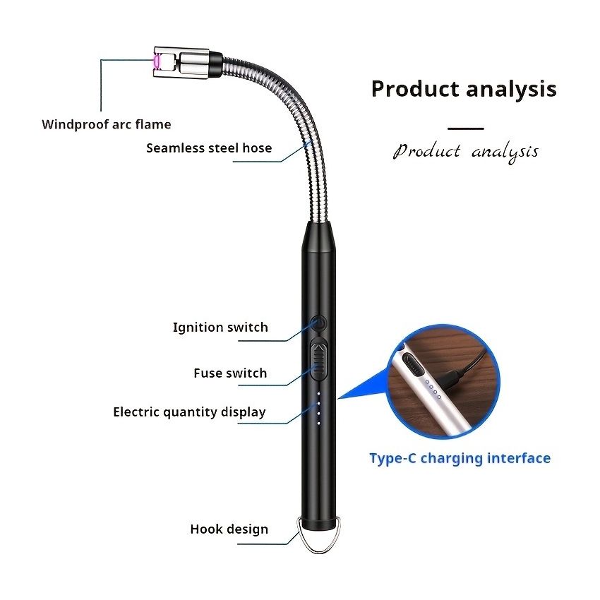 Candle Lighter USB Rechargeable Arc Plasma Igniter, Electric Long Match with LED Battery Display, 360° Flexible Neck, Windproof Flameless for Candles, BBQ, Camping, Gas Stove