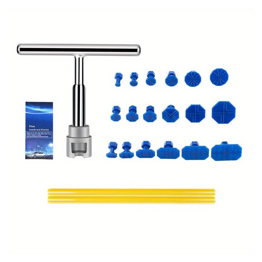T-Type Puller +18pc Blue Gasket Car Dent Repair Tool Kit – Short T-Puller for Paintless Dent Pulling, Non-Metal Surface Dent Removal, Easy DIY Auto Body Repair