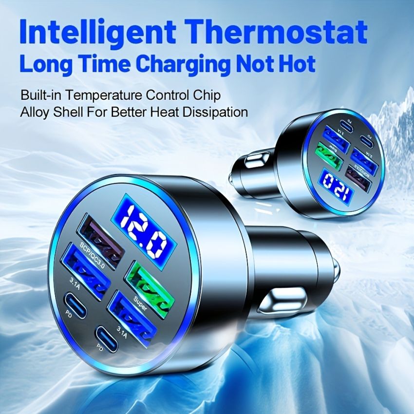 6-in-1 Fast Car Charger USB-C PD & QC3.0, 4 USB Ports, Dual PD Adapter with Voltage Display, Universal Car Phone Charger for iPhone, Samsung, Huawei, Xiaomi – Portable Matte Finish