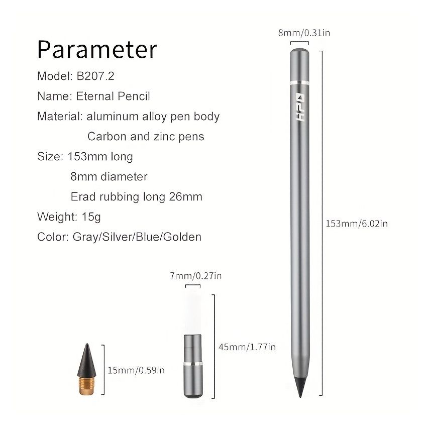1pc No-Sharpen Writing Pencil with Replaceable Metal Pen Tip & Hidden Eraser | Eco-Friendly Durable Pencil for School, Office & Home | Refillable, Smooth Writing Stationery