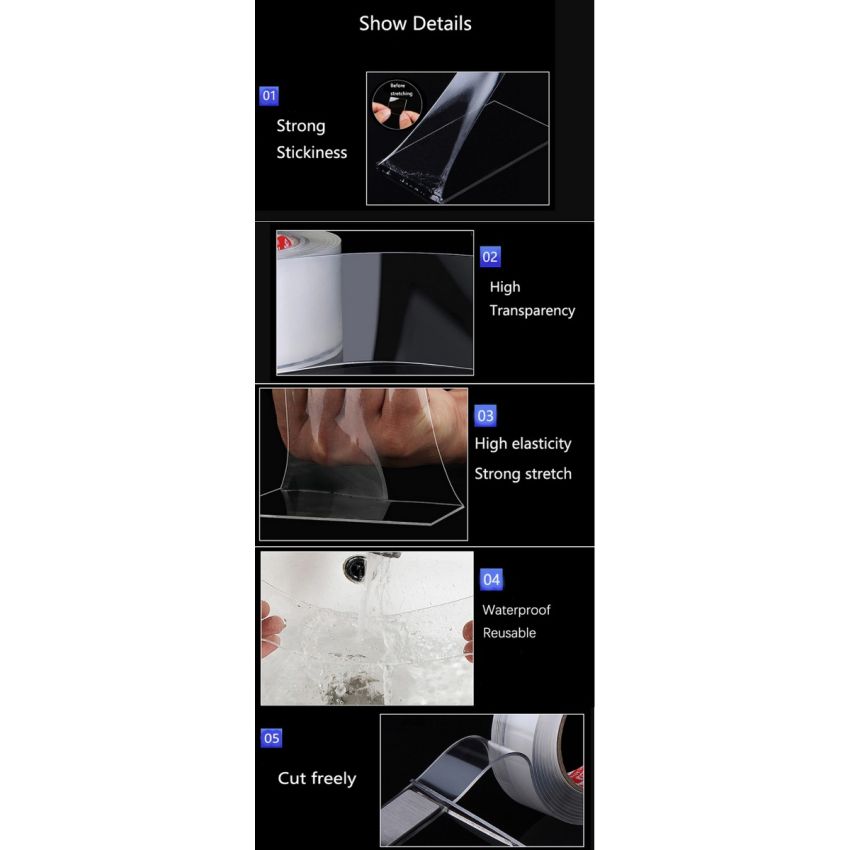 Double Sided Adhesive Tape – Washable & Reusable Transparent Nano Gel Tape | Strong Multipurpose Mounting Tape for Kitchen, Bathroom, Home, and Office