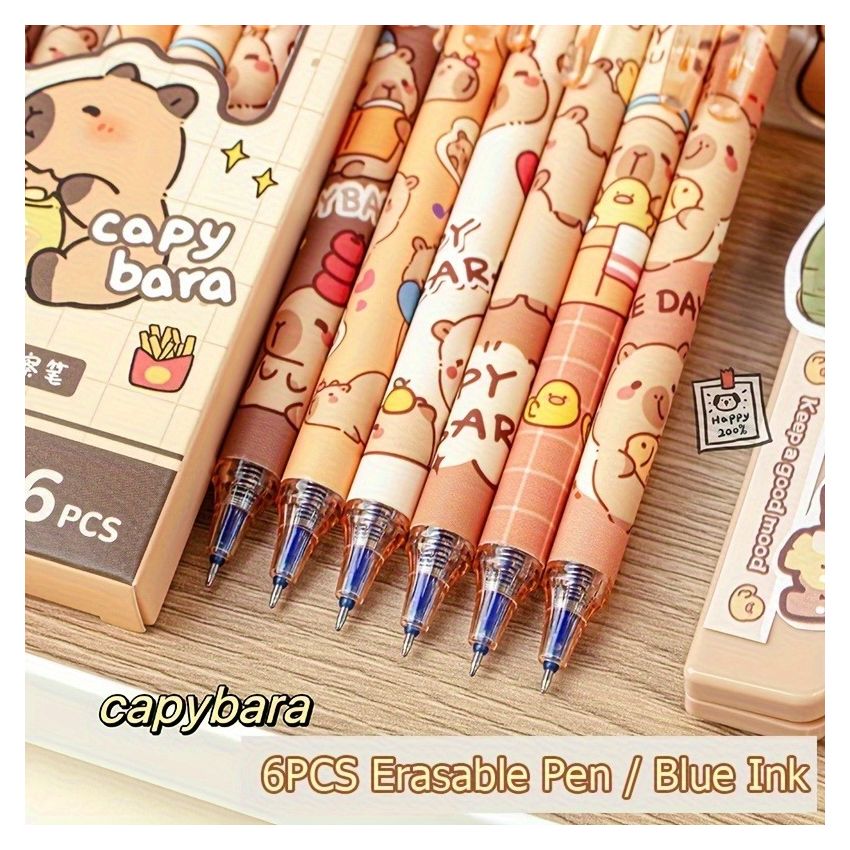 6pcs Capybara Erasable Gel Pen Set – Blue Ink, Retractable Smooth Writing, Fast-Drying, Refillable Office & School Stationery, Cute Elegant Design