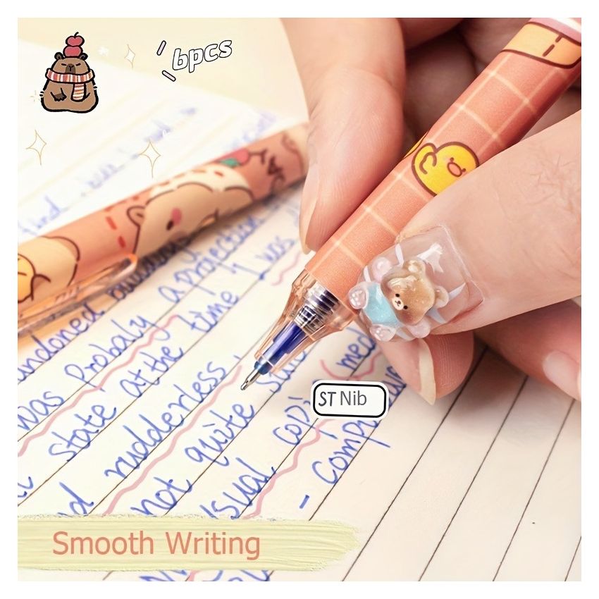 6pcs Capybara Erasable Gel Pen Set – Blue Ink, Retractable Smooth Writing, Fast-Drying, Refillable Office & School Stationery, Cute Elegant Design