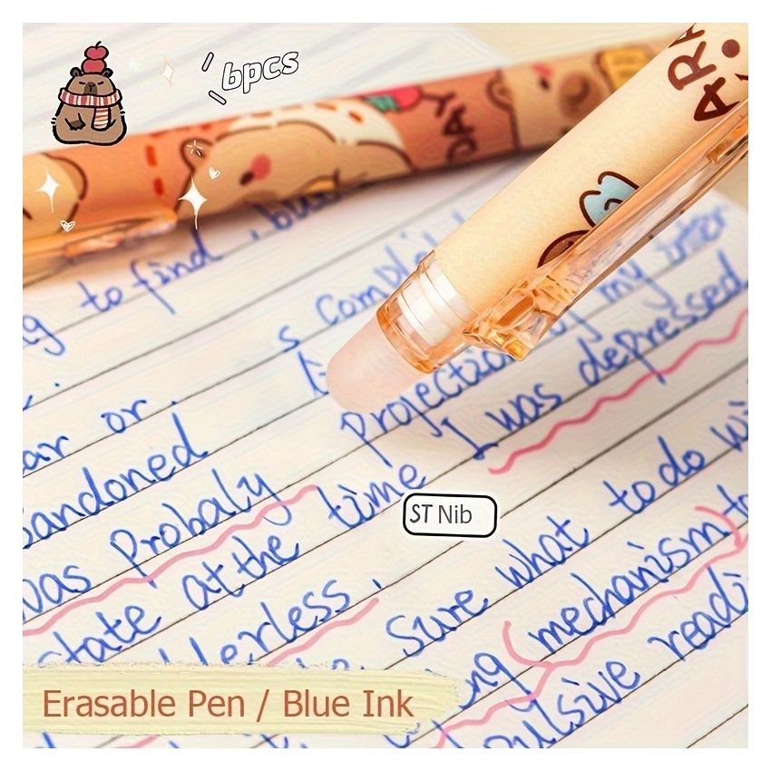 6pcs Capybara Erasable Gel Pen Set – Blue Ink, Retractable Smooth Writing, Fast-Drying, Refillable Office & School Stationery, Cute Elegant Design