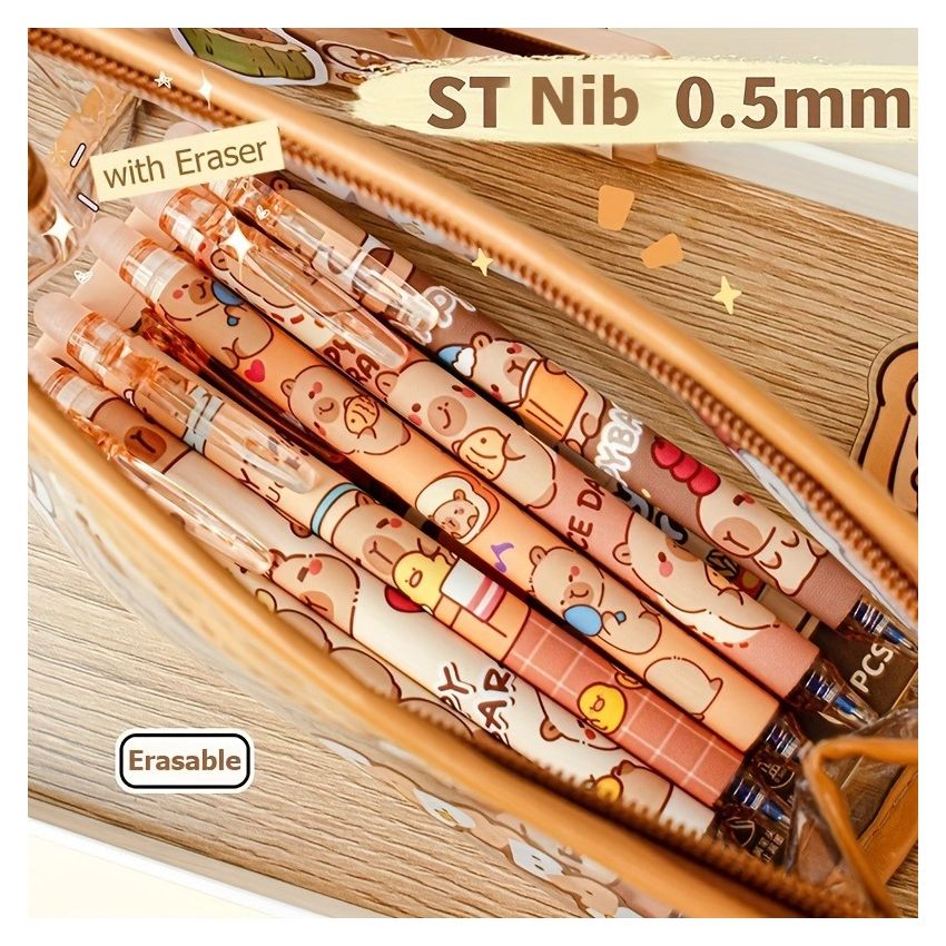 6pcs Capybara Erasable Gel Pen Set – Blue Ink, Retractable Smooth Writing, Fast-Drying, Refillable Office & School Stationery, Cute Elegant Design