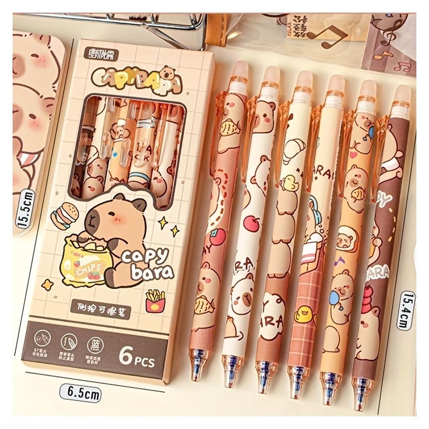 6pcs Capybara Erasable Gel Pen Set – Blue Ink, Retractable Smooth Writing, Fast-Drying, Refillable Office & School Stationery, Cute Elegant Design