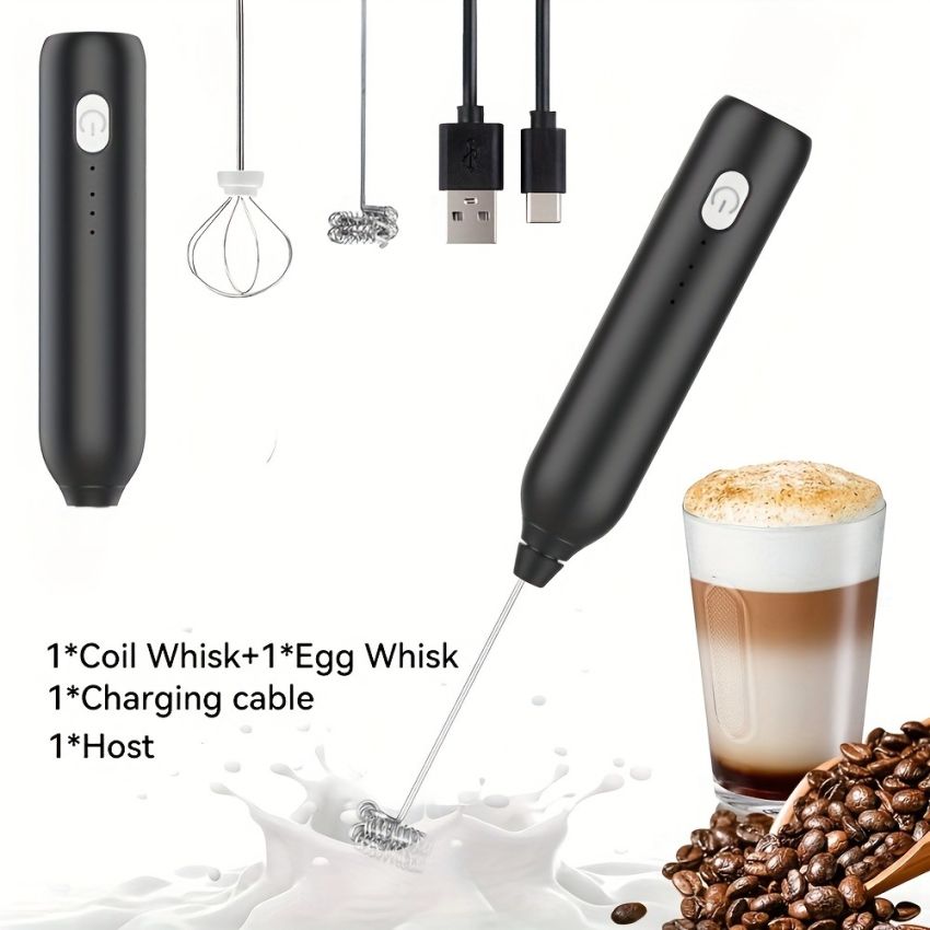 3-Speed Electric Milk Frother with Stainless Steel Whisk & Stand – USB Rechargeable 500mAh Battery, Portable Milk Frother for Coffee, Latte Art, Smoothies & Shakes