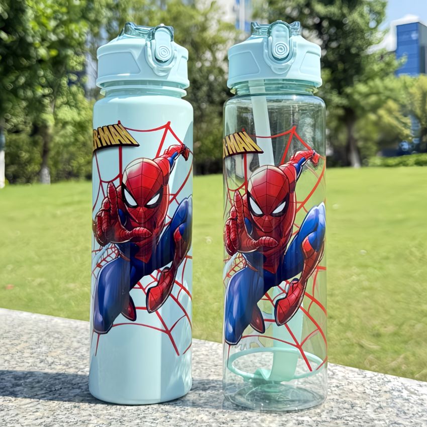 Marvel Spider-Man Sports Water Bottle 800ml – Leakproof Flip-Top with Straw, Transparent Cartoon Design, Portable Large Capacity Bottle for Kids & Adults, Outdoor Fitness Travel Gift