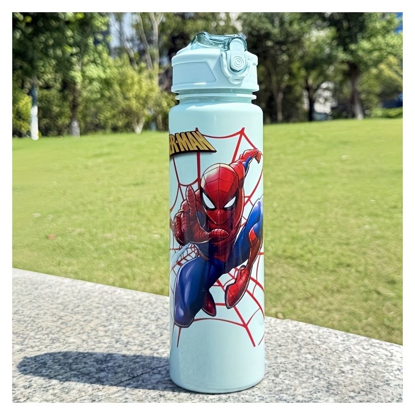 Marvel Spider-Man Sports Water Bottle 800ml – Leakproof Flip-Top with Straw, Transparent Cartoon Design, Portable Large Capacity Bottle for Kids & Adults, Outdoor Fitness Travel Gift