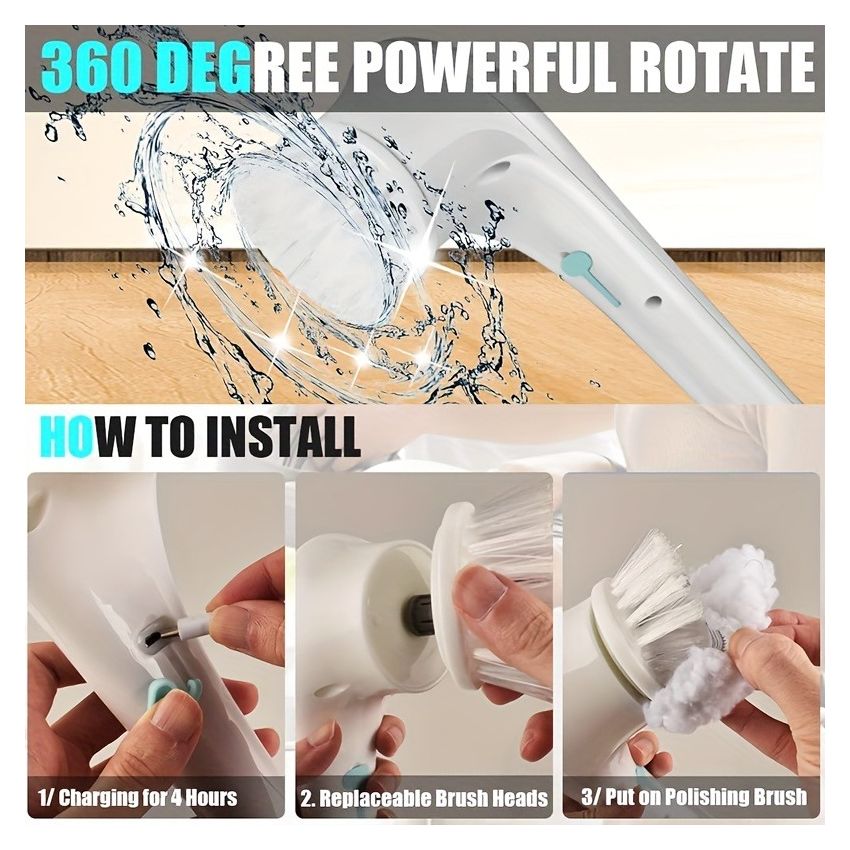 Cordless Electric Rotary Scrubber with 5 Replaceable Brush Heads – Handheld, USB Rechargeable Cleaning Tool for Bathroom, Kitchen, Tile & Floor