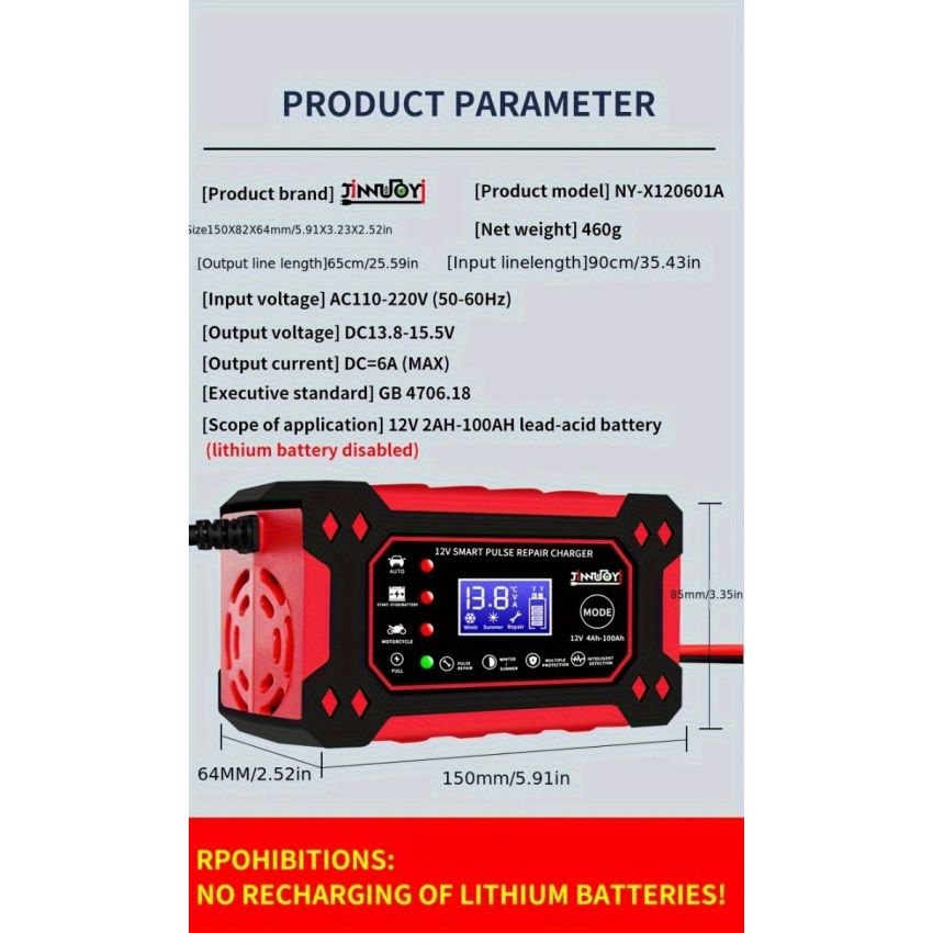 12V 6A Smart Pulse Battery Charger with LCD Display | Auto & Manual Modes, Temperature Compensation, Overcharge Protection | Car & Motorcycle Battery Repair Tool