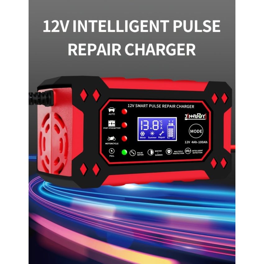 12V 6A Smart Pulse Battery Charger with LCD Display | Auto & Manual Modes, Temperature Compensation, Overcharge Protection | Car & Motorcycle Battery Repair Tool