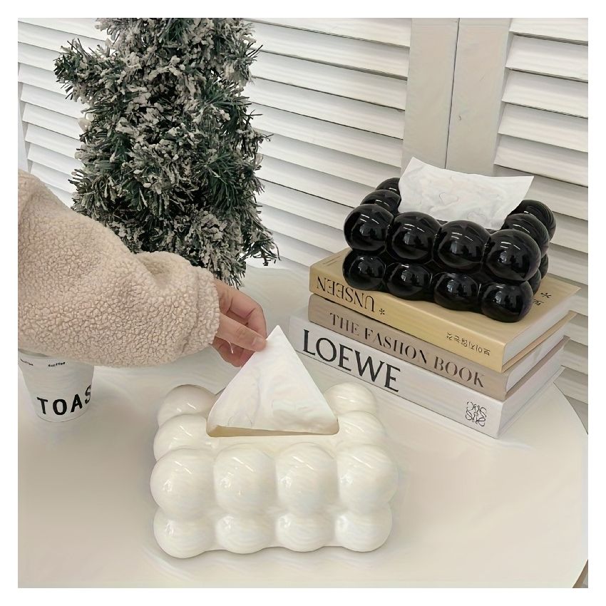 Cloud-Shaped Glossy Tissue Box – Milk White Bubble Design, Square Modern Home Decor for Living Room, Bedroom, Bathroom & Coffee Table – Durable Plastic Napkin Dispenser, Stylish & Functional