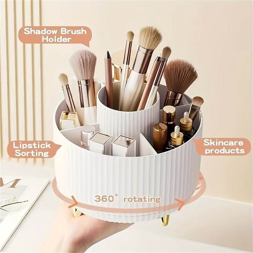 360° Rotating Makeup Organizer – 5-Compartment Cosmetic & Desk Storage Caddy, Durable Plastic, Luxury Stripe Design, Gold-Toned Accents, Brush & Skincare Holder