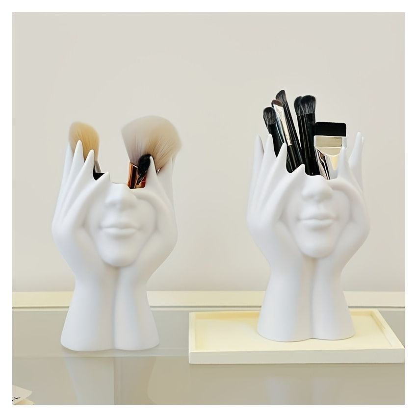 Unique Human Art Sculpture Makeup Brush Holder & Pen Cup – Resin Decorative Organizer, Anti-Drop Design, Lightweight Desk Ornament – Perfect for 11 Festival Gifts