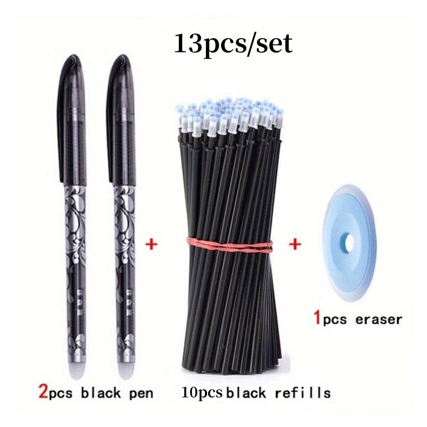 13pcs Erasable Gel Pen Set 0.5mm Blue & Black Ink | Washable Handle, Smooth Writing, Refillable Pens with 10 Refills + 1 Eraser | School & Office Stationery Supplies