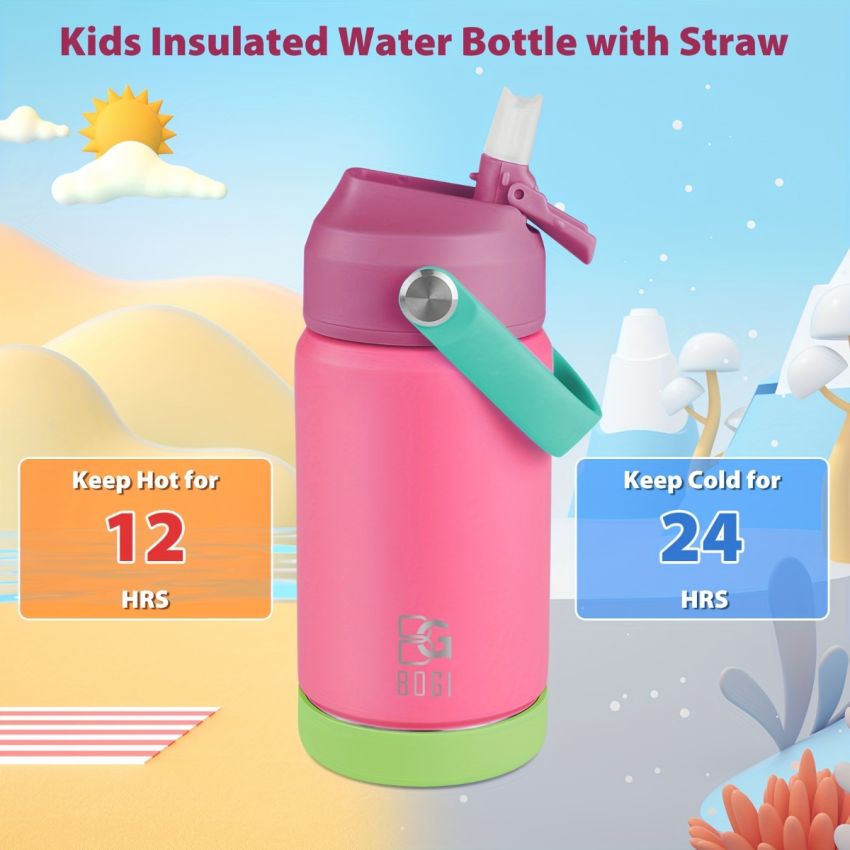 BOGI Kids Insulated Stainless Steel Water Bottle with Straw – 12oz/350ml Leak-Proof BPA-Free Reusable Bottle for School, Sports & Travel – Dishwasher Safe, Pink with Teal Accents