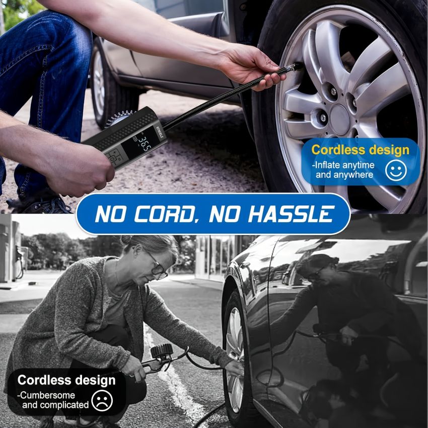 Portable Air Compressor Tire Inflator 150 PSI – Cordless Smart Car Tire Pump with Pressure Gauge, LED Light, Auto Shutoff – Fast 3X Inflation for Cars, Motorcycles, Bicycles & Balls