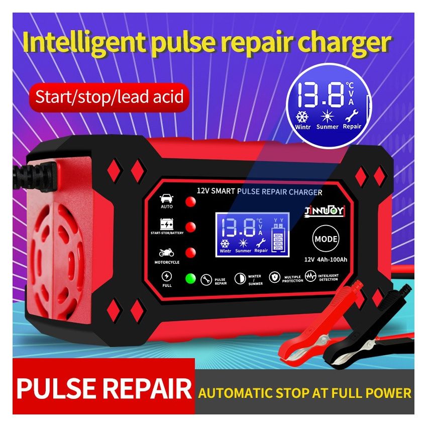 12V 6A Smart Pulse Battery Charger with LCD Display | Auto & Manual Modes, Temperature Compensation, Overcharge Protection | Car & Motorcycle Battery Repair Tool