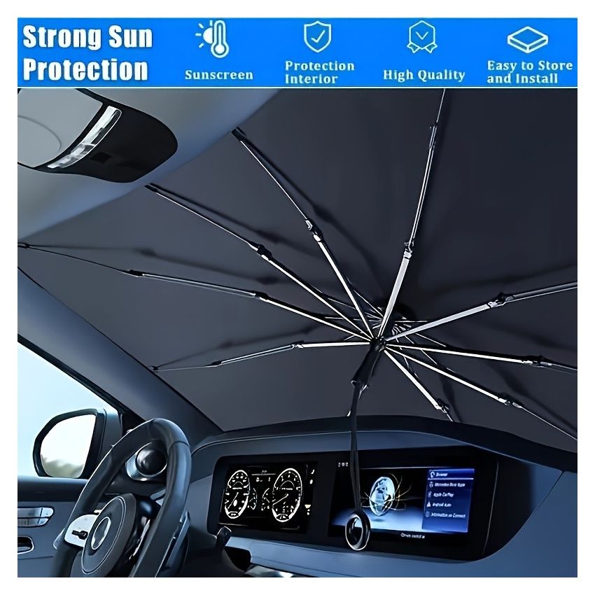 Compact Roll-Up Car Sunshade for Front Window – UPF50+ UV Protection & Heat Insulation, Easy-to-Use Black Umbrella Design, Universal Fit Sun Protection Curtain, Auto Interior Accessory