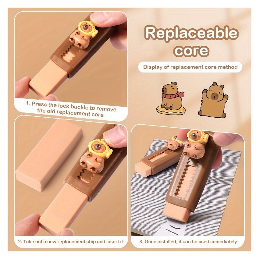 Push Pull Capybara Eraser – Soft Rubber Eraser for Students & Office | Mess-Free Clean Stationery | Cute Kawaii School Supplies for Kids & Adults