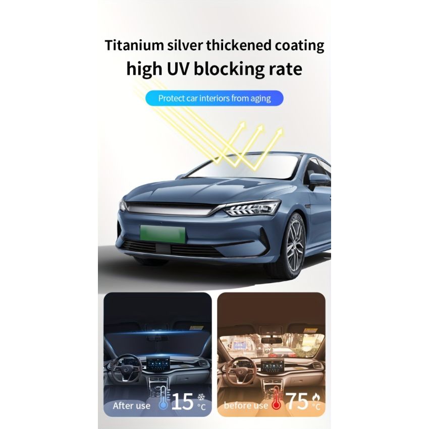 Car Sunshade Front Window Curtain – Windshield Heat Shield Sunblock Panel 139.7cm x 76.96cm, UV Protection, Interior Cooling Sun Shade for Cars, Trucks & SUVs | Easy Install