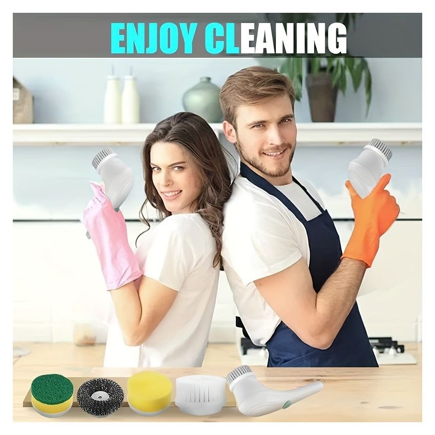 Cordless Electric Rotary Scrubber with 5 Replaceable Brush Heads – Handheld, USB Rechargeable Cleaning Tool for Bathroom, Kitchen, Tile & Floor