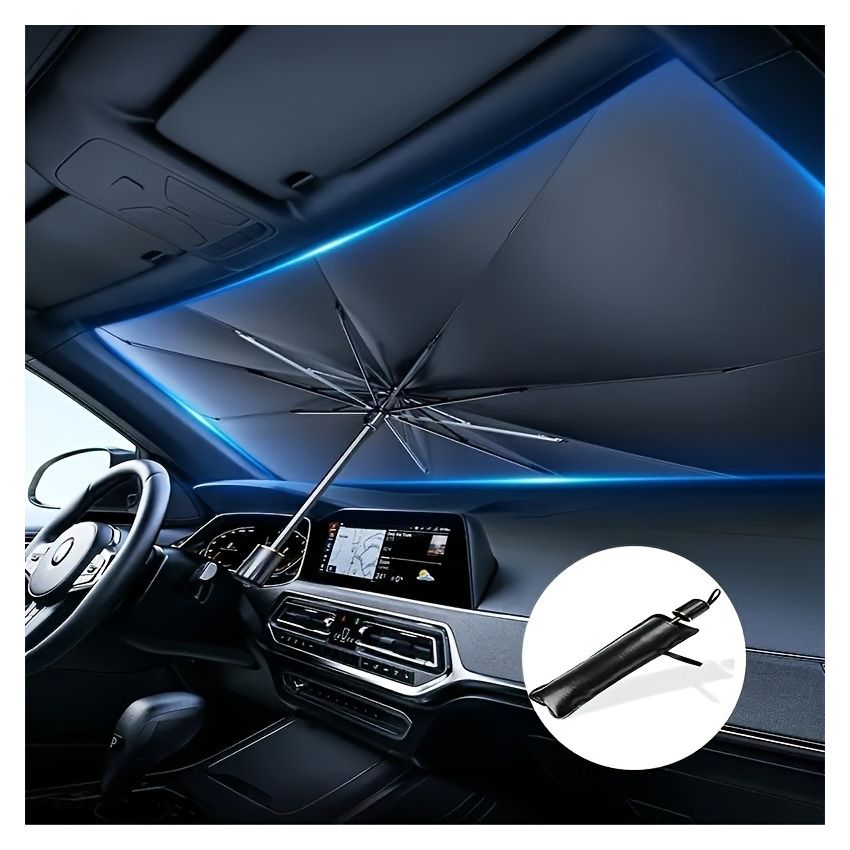 Compact Roll-Up Car Sunshade for Front Window – UPF50+ UV Protection & Heat Insulation, Easy-to-Use Black Umbrella Design, Universal Fit Sun Protection Curtain, Auto Interior Accessory