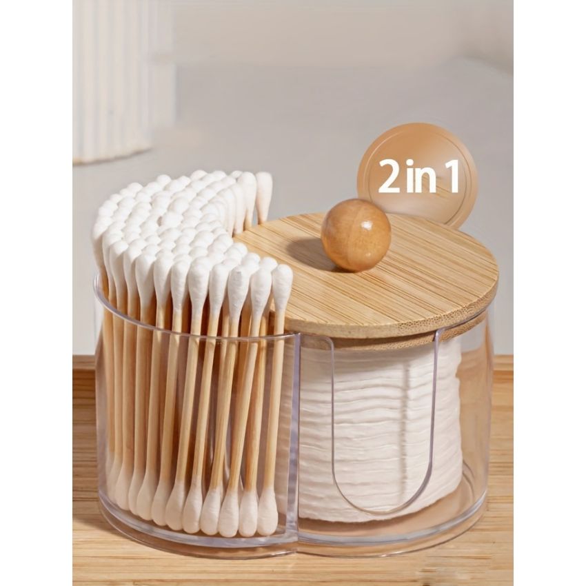 2-in-1 Cotton Swab & Makeup Pad Organizer with Wooden Lid – Dual Compartment Bathroom Storage for Buds, Pads & Beauty Blenders – Space-Saving Vanity Organizer, Clear Design