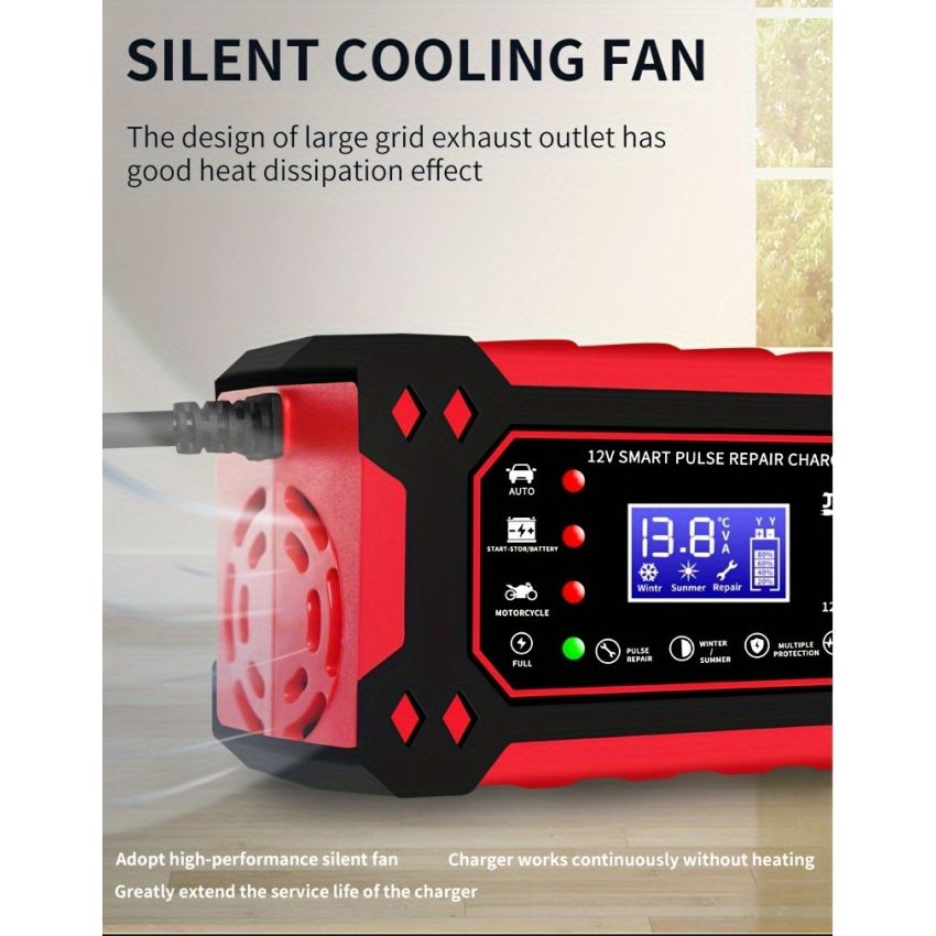 12V 6A Smart Pulse Battery Charger with LCD Display | Auto & Manual Modes, Temperature Compensation, Overcharge Protection | Car & Motorcycle Battery Repair Tool