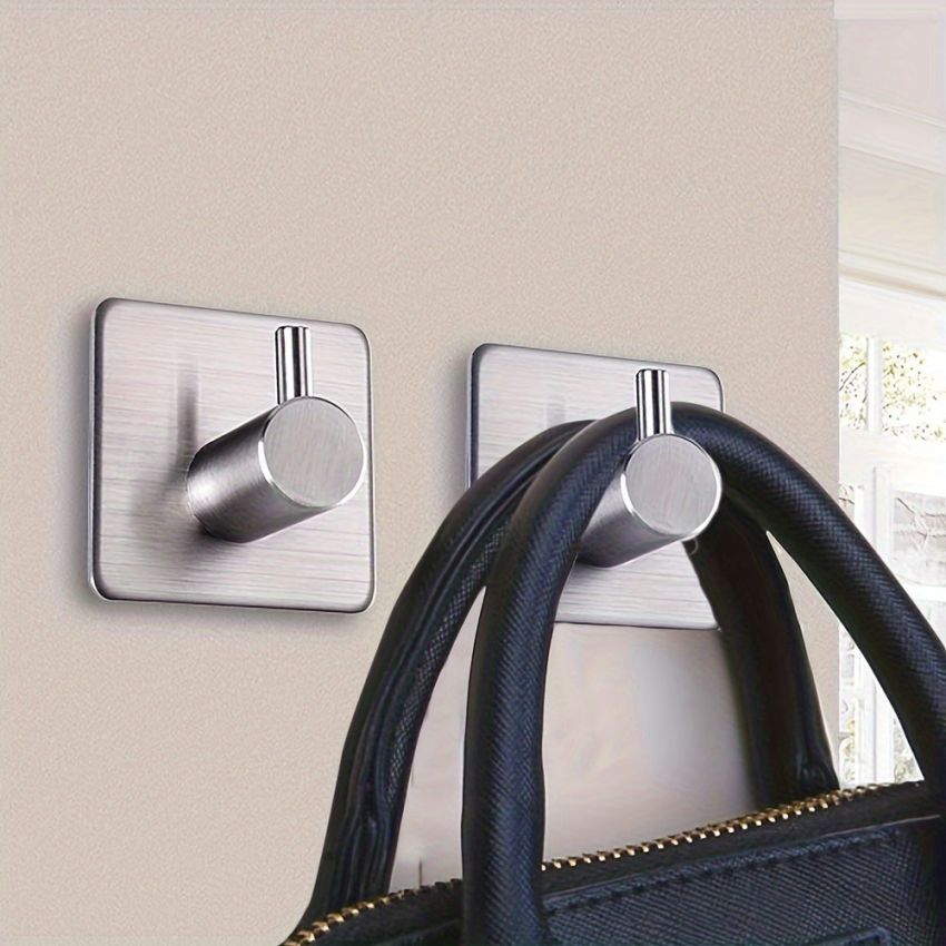 4-Pack Heavy-Duty Self-Adhesive Stainless Steel Wall Hooks – Waterproof, Rustproof Bathroom & Bedroom Hangers for Towels, Robes, Clothes & Accessories – Modern Square Design, Easy Install