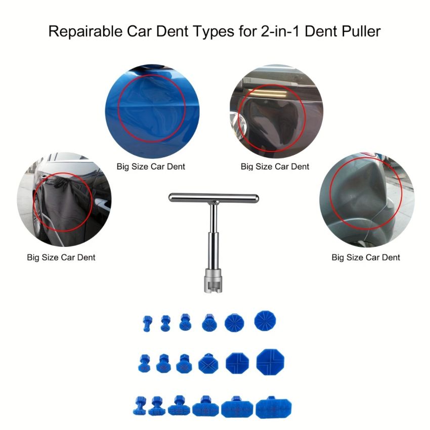 T-Type Puller +18pc Blue Gasket Car Dent Repair Tool Kit – Short T-Puller for Paintless Dent Pulling, Non-Metal Surface Dent Removal, Easy DIY Auto Body Repair