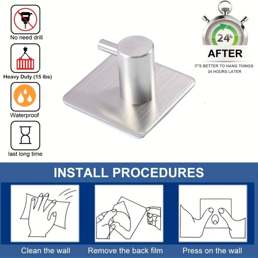 4-Pack Heavy-Duty Self-Adhesive Stainless Steel Wall Hooks – Waterproof, Rustproof Bathroom & Bedroom Hangers for Towels, Robes, Clothes & Accessories – Modern Square Design, Easy Install