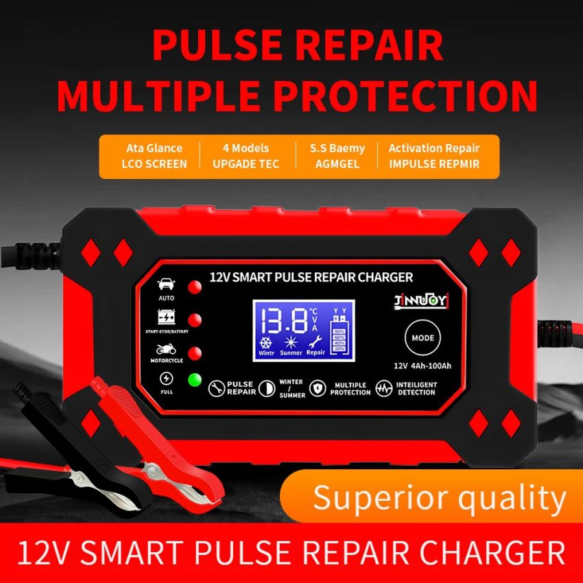 12V 6A Smart Pulse Battery Charger with LCD Display | Auto & Manual Modes, Temperature Compensation, Overcharge Protection | Car & Motorcycle Battery Repair Tool