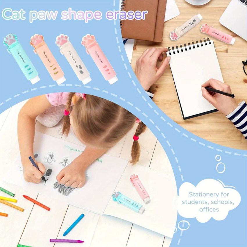 1pc Cute Cat Paw Retractable Eraser – Kawaii Cartoon Push-Pull Rubber Eraser for School, Office & Art Drawing – Fun Stationery Gift for Kids & Students