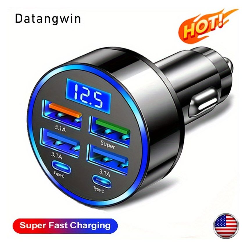 6-in-1 Fast Car Charger USB-C PD & QC3.0, 4 USB Ports, Dual PD Adapter with Voltage Display, Universal Car Phone Charger for iPhone, Samsung, Huawei, Xiaomi – Portable Matte Finish