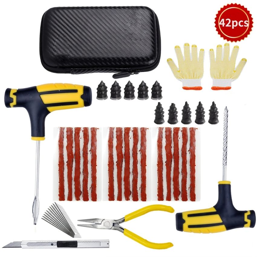 Complete Tire Repair Kit for Cars & Motorcycles – Instant Puncture Fix, Metal Plug Tools, Rubber Patches & Sealant – Emergency Tire Repair Kit for Cars, Trucks, SUVs